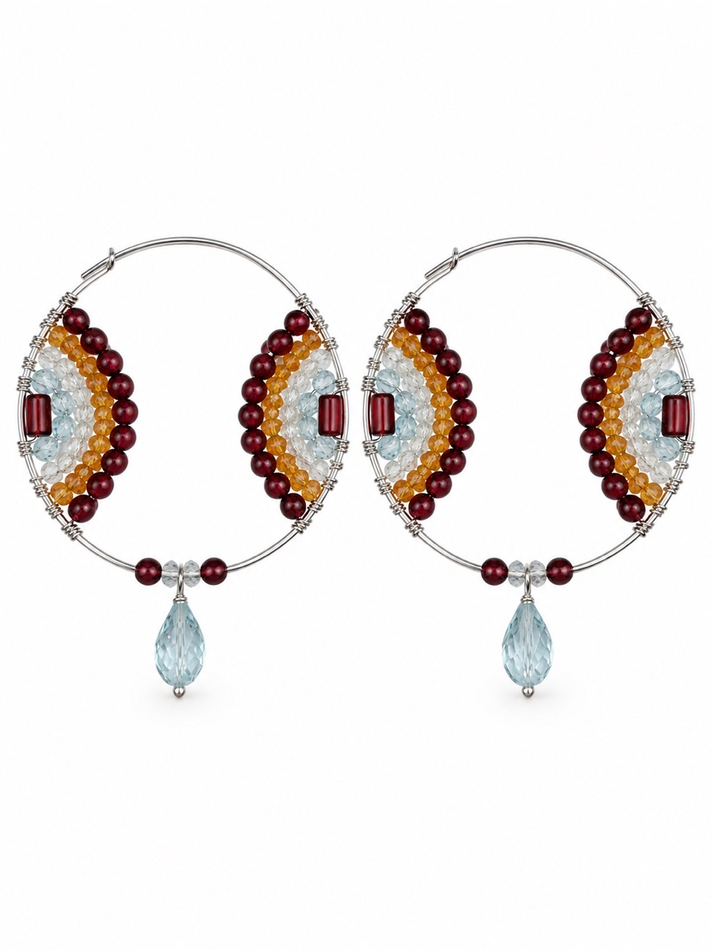 AMHP40 Garnet, Blue Topaz, and Carnelian Hoops